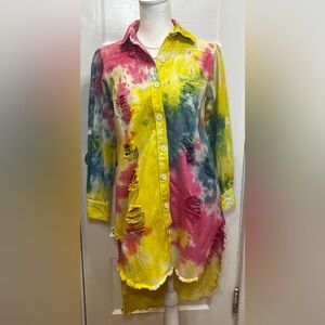 Thrill Jeans rainbow tie-dye distressed denim shirt low high hem Size S
